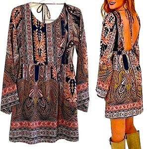 Sage Dress Backless Boho Long Bell Sleeves Paisley Mini Size Lined Size Small